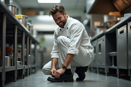 Chef en cuisine professionnelle ajustant ses chaussures noires