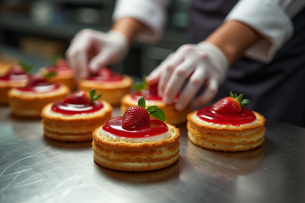 Chef décorant des gâteaux opera dans une cuisine lumineuse