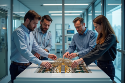 Groupe de chercheurs autour d'un ordinateur quantique en laboratoire