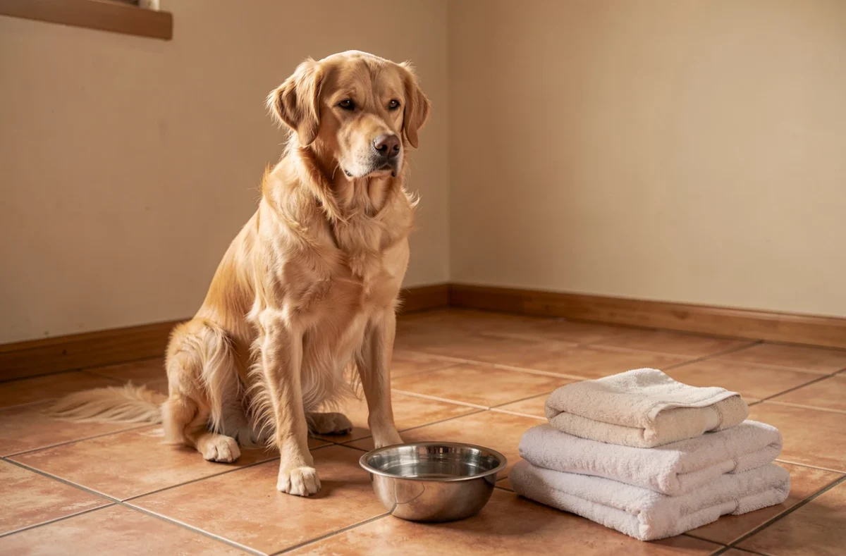 Chien assis dans un coin de salon dégagé avant la séance