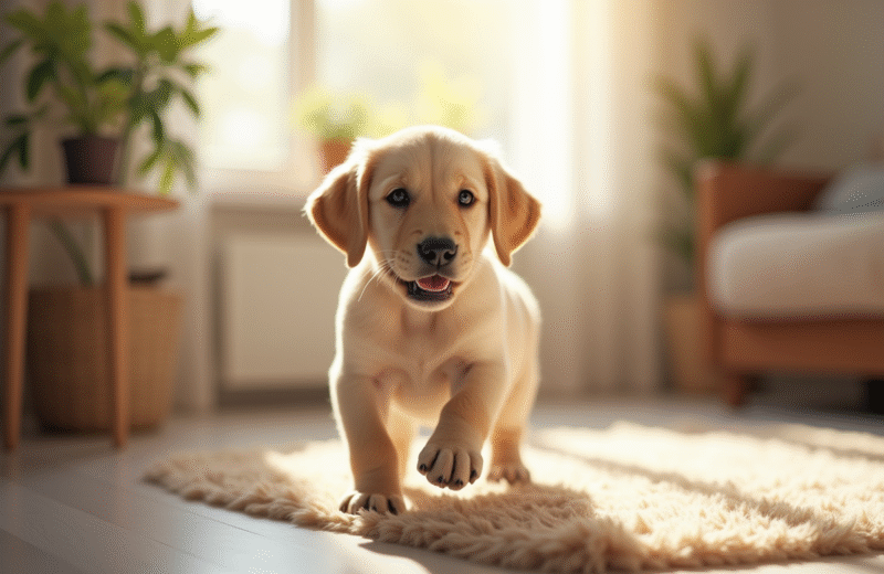 Chiot labrador joueur dans un salon lumineux