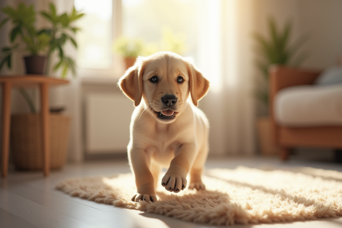 Chiot labrador joueur dans un salon lumineux
