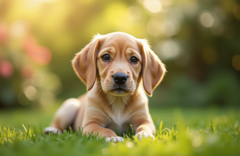 Chiot beagle citron assis dans un jardin ensoleille