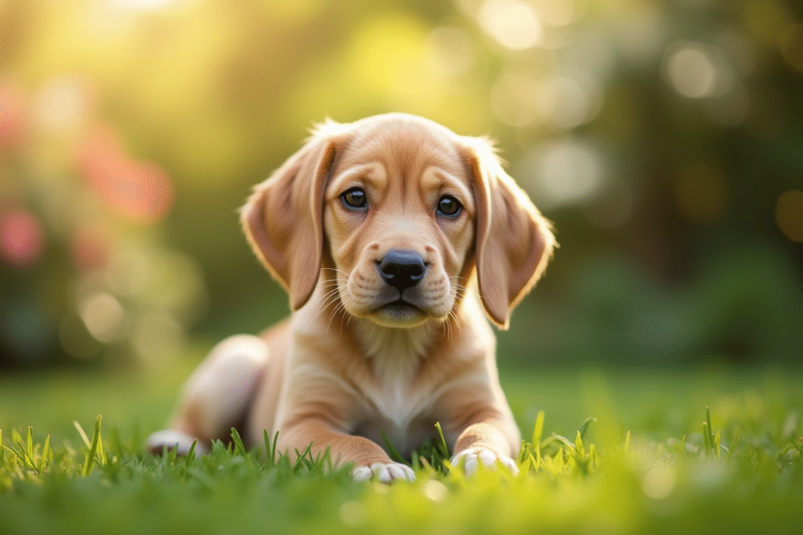 Chiot beagle citron assis dans un jardin ensoleille