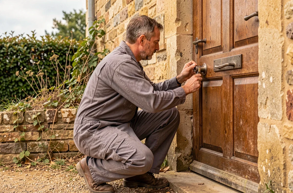 Serrurier de CMN installant un nouveau cylindre de serrure sur la porte en chêne d'une ferme en pierre dans le Val de Loire