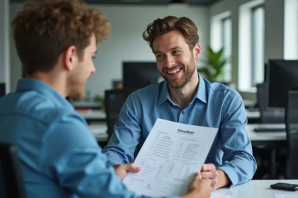 Employé de bureau expliquant un timesheet à un collègue