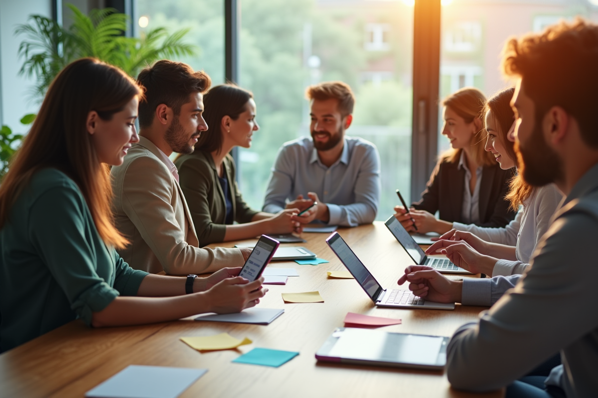 Groupe de professionnels collaborant avec table et appareils mobiles