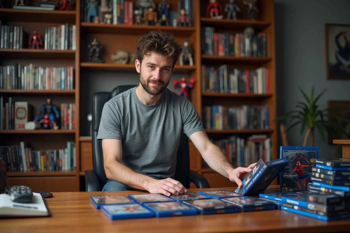 Collectionneur organisant des films Spider-Man en ordre chronologique sur un bureau en bois