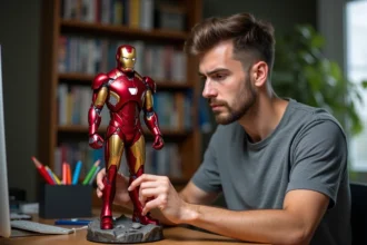 Jeune collectionneur examinant une statue Iron Man sur un bureau en bois, vérifiant la qualité de la peinture et des détails de la figurine