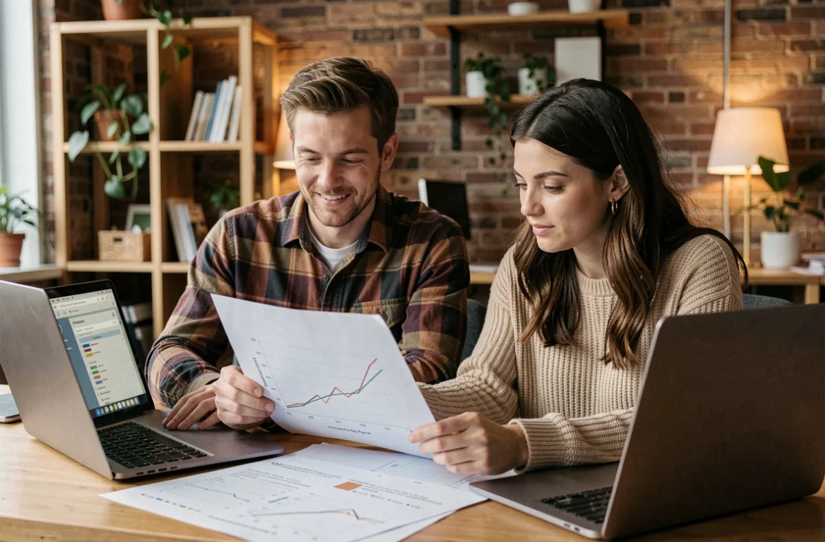 Deux collègues analysant des courbes de précision-rappel et des métriques d'évaluation de modèles dans un espace de coworking