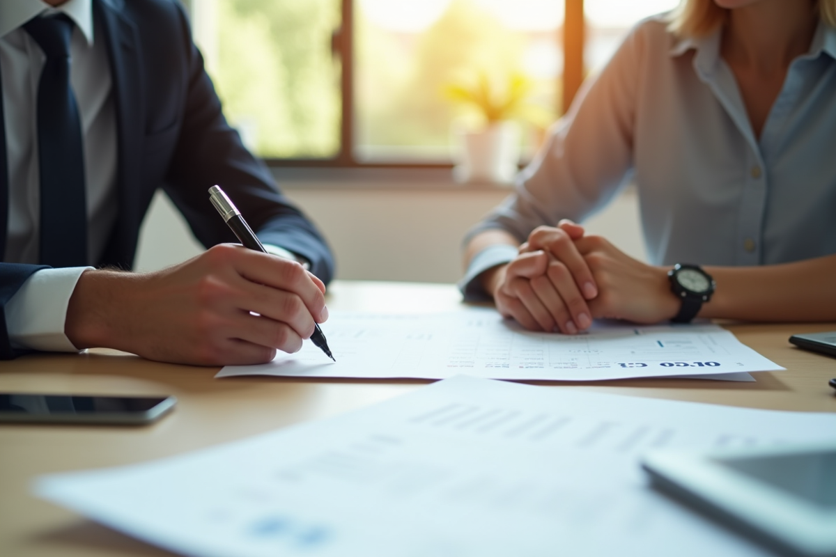 Deux collègues discutant de documents financiers en réunion
