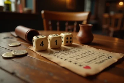 Trois dés ivoire affichant la combinaison 421 sur une table en bois de café français avec un cornet en cuir et des pièces de monnaie