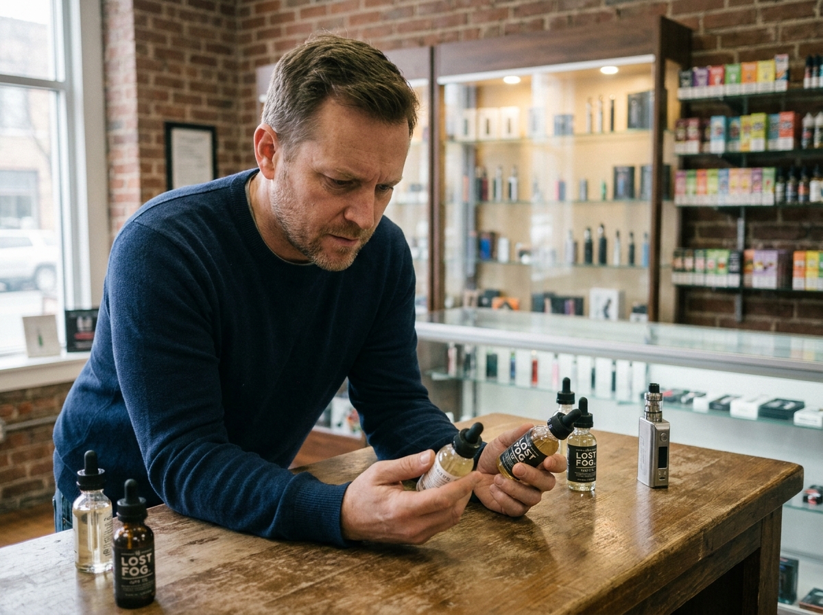 Homme comparant deux flacons d'e-liquide dans une boutique de cigarette électronique spécialisée, pour aider au choix d'un e-liquide français de qualité