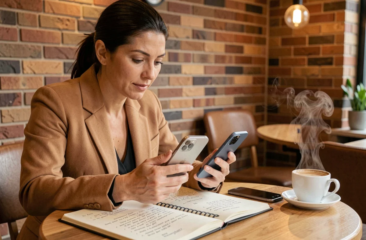 Une femme comparant un iPhone original de 2007 avec un iPhone moderne pour évaluer son intérêt en tant qu'investissement