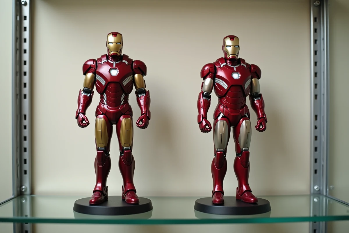 Comparaison côte à côte d'une vraie statue Iron Man officielle et d'une contrefaçon bon marché sur une étagère en verre