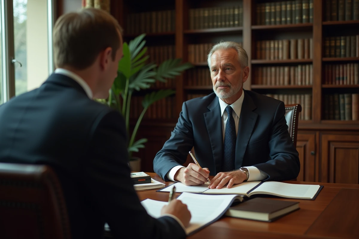 Notaire assis à son bureau en train de mener une consultation gratuite avec un client dans un office notarial traditionnel