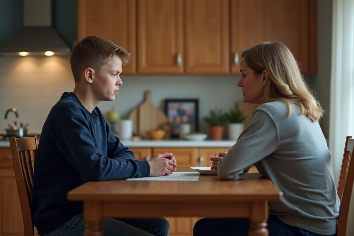 Adolescent et mère dans une conversation tendue à la maison