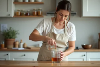 Femme versant un liquide mesuré dans un pichet gradué dans une cuisine moderne pour adapter les dosages d'une recette