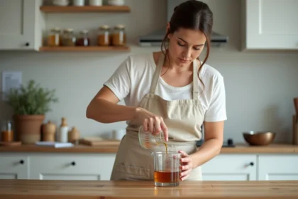 Femme versant un liquide mesuré dans un pichet gradué dans une cuisine moderne pour adapter les dosages d'une recette