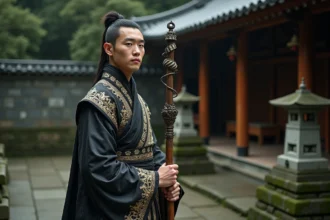 Cosplayer déguisé en moine guerrier mystique avec robes noires brodées d'or et bâton ornemental dans un temple japonais