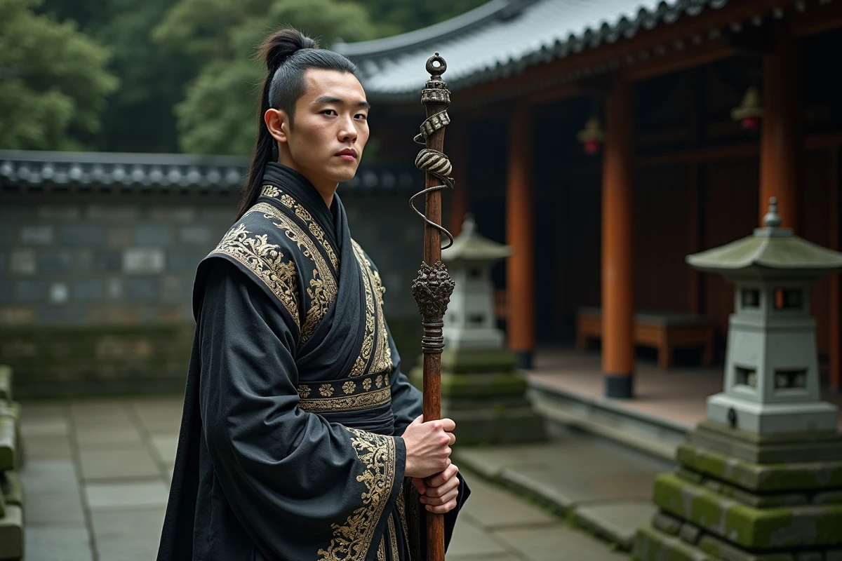 Cosplayer déguisé en moine guerrier mystique avec robes noires brodées d'or et bâton ornemental dans un temple japonais
