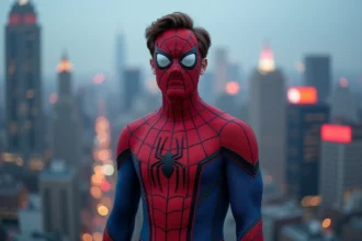 Jeune homme en costume Spider-Man rouge et bleu sur un toit avec panorama urbain en arrière-plan