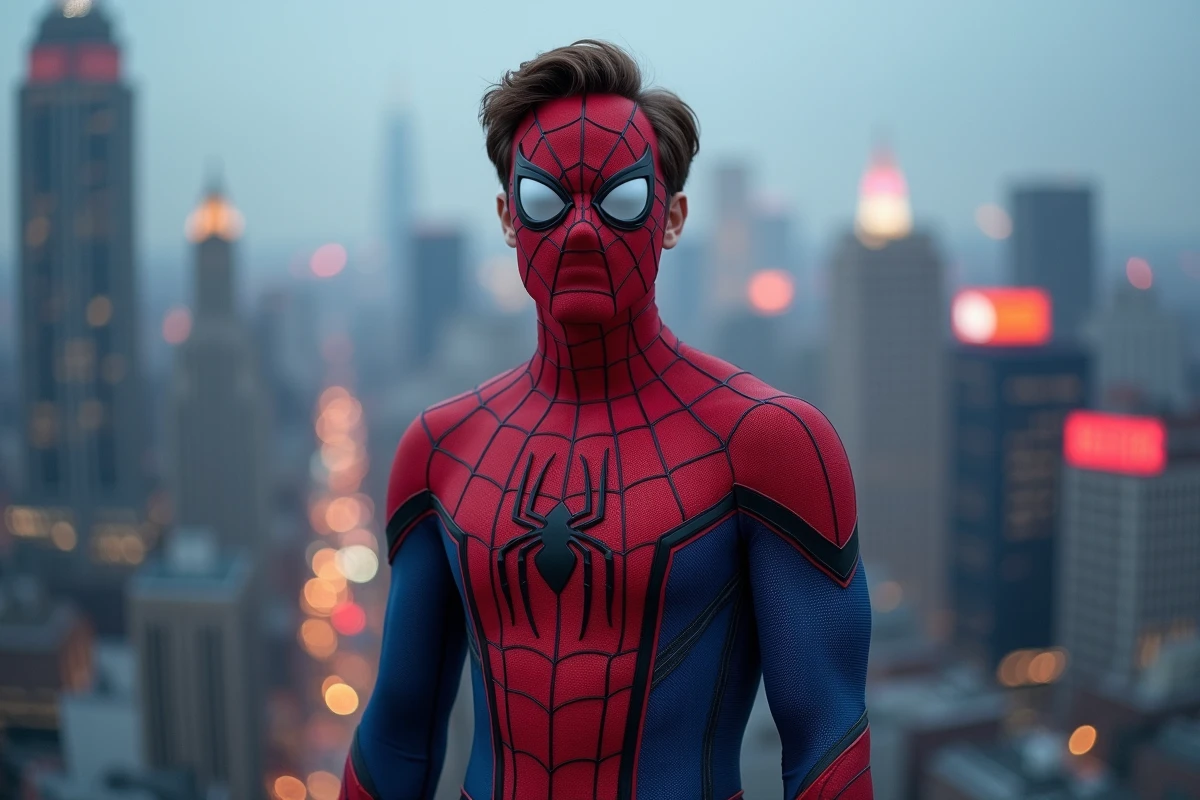 Jeune homme en costume Spider-Man rouge et bleu sur un toit avec panorama urbain en arrière-plan