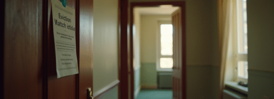 Couloir lumineux avec avis d'expulsion sur la porte