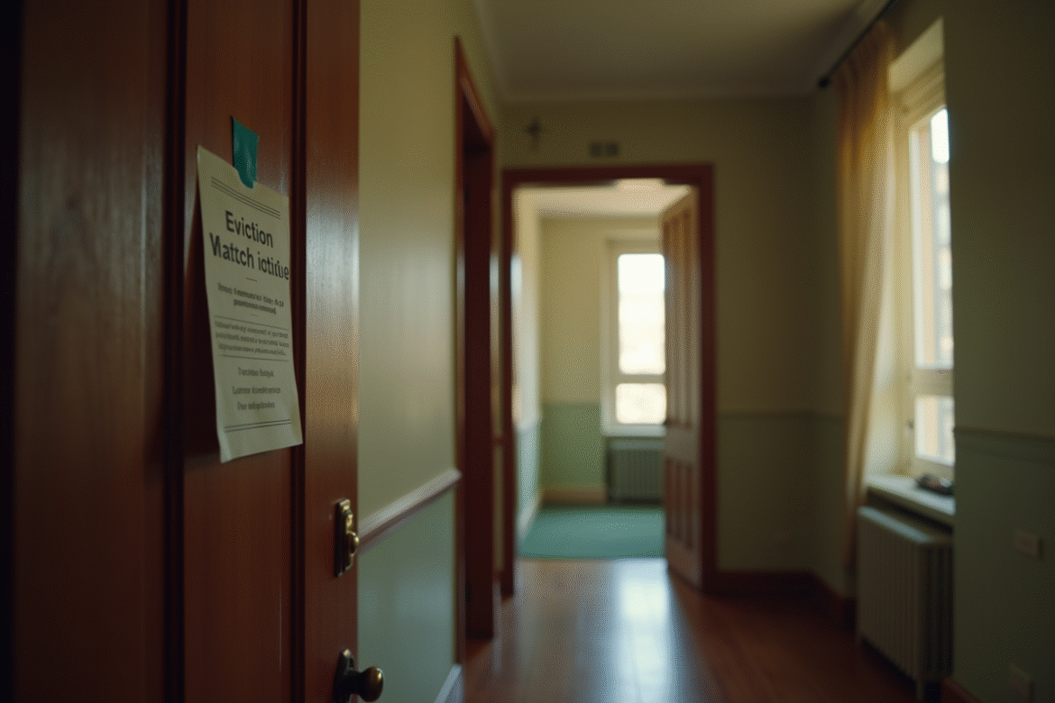 Couloir lumineux avec avis d'expulsion sur la porte