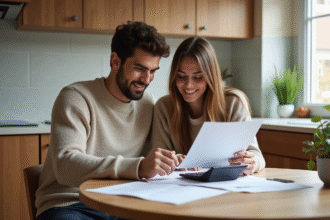 Jeune couple dans la cuisine examine des documents immobiliers