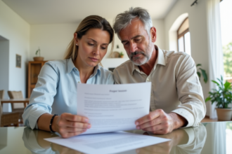 Couple français examine documents immobiliers en intérieur lumineux