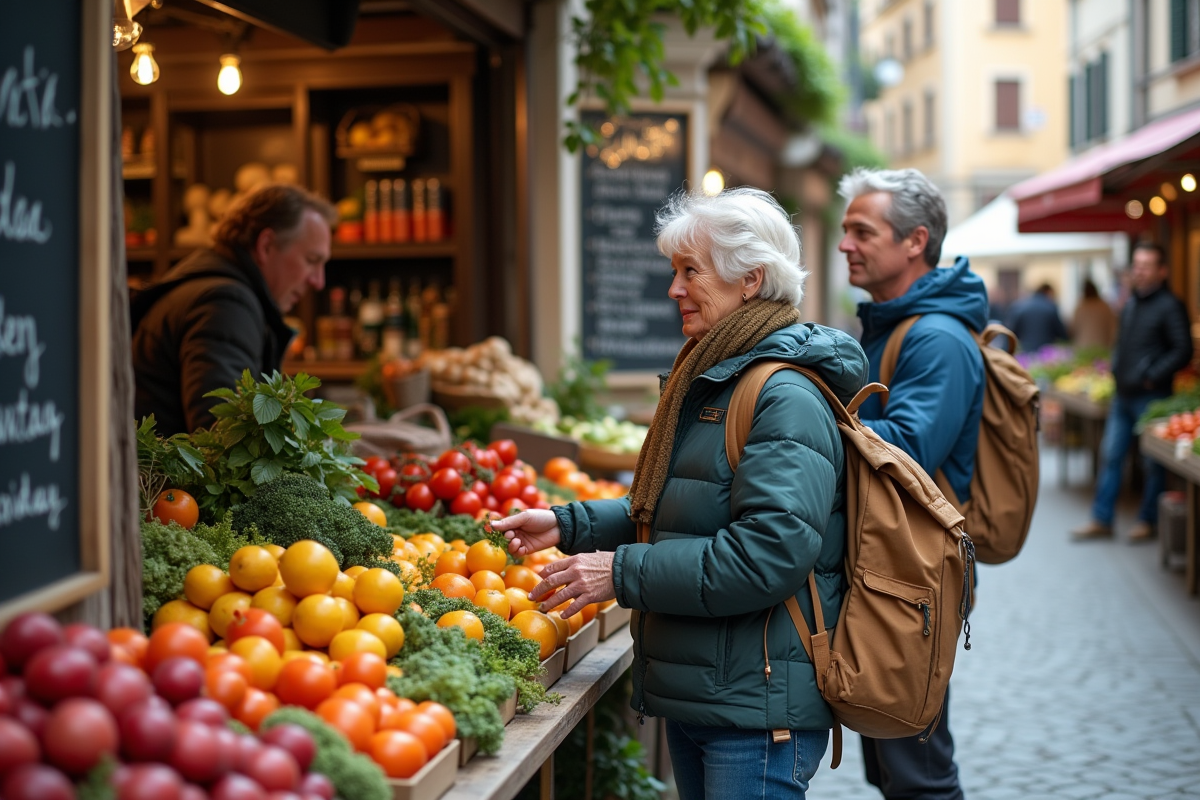 Couple achetant des produits frais au marché local