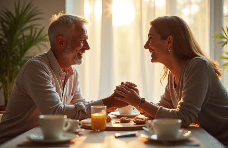 Couple marié souriant lors du petit déjeuner en matinée