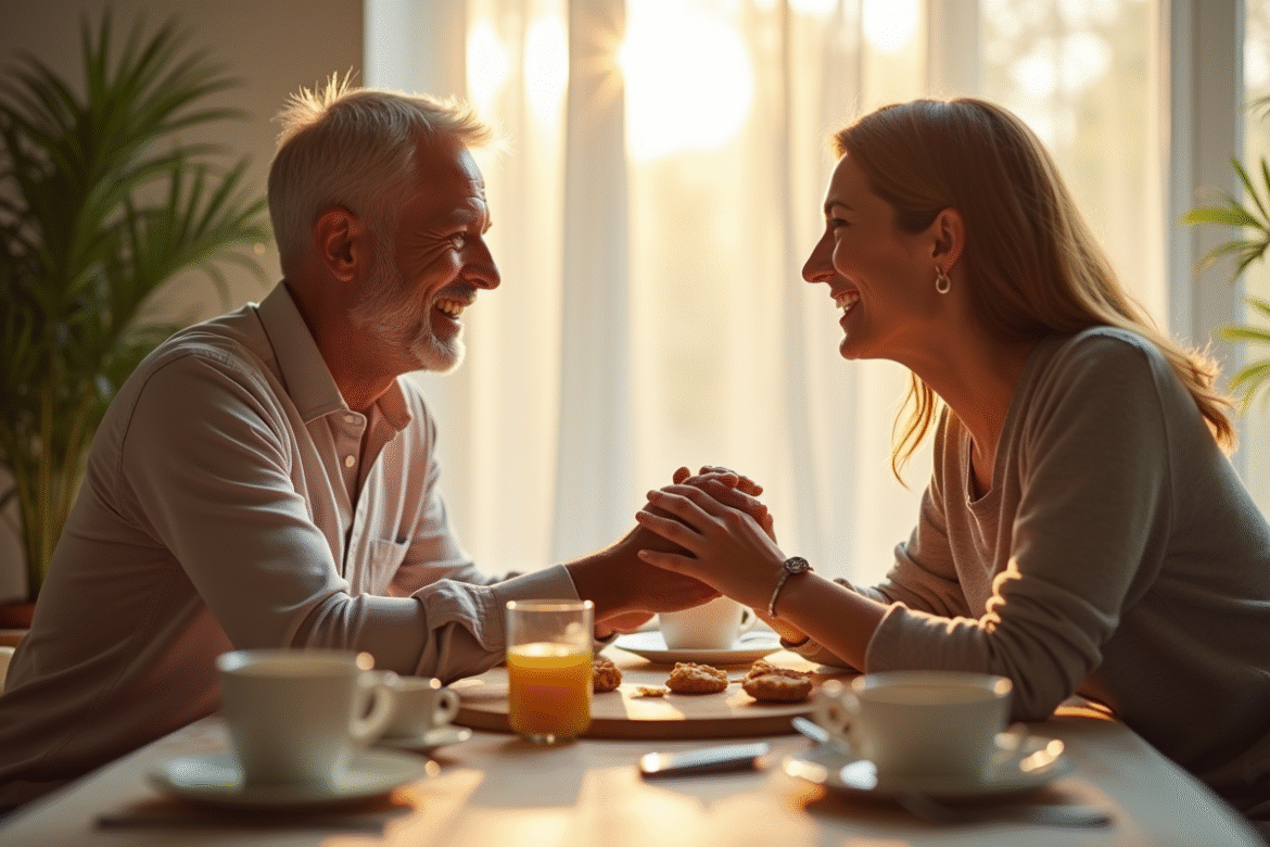 Couple marié souriant lors du petit déjeuner en matinée