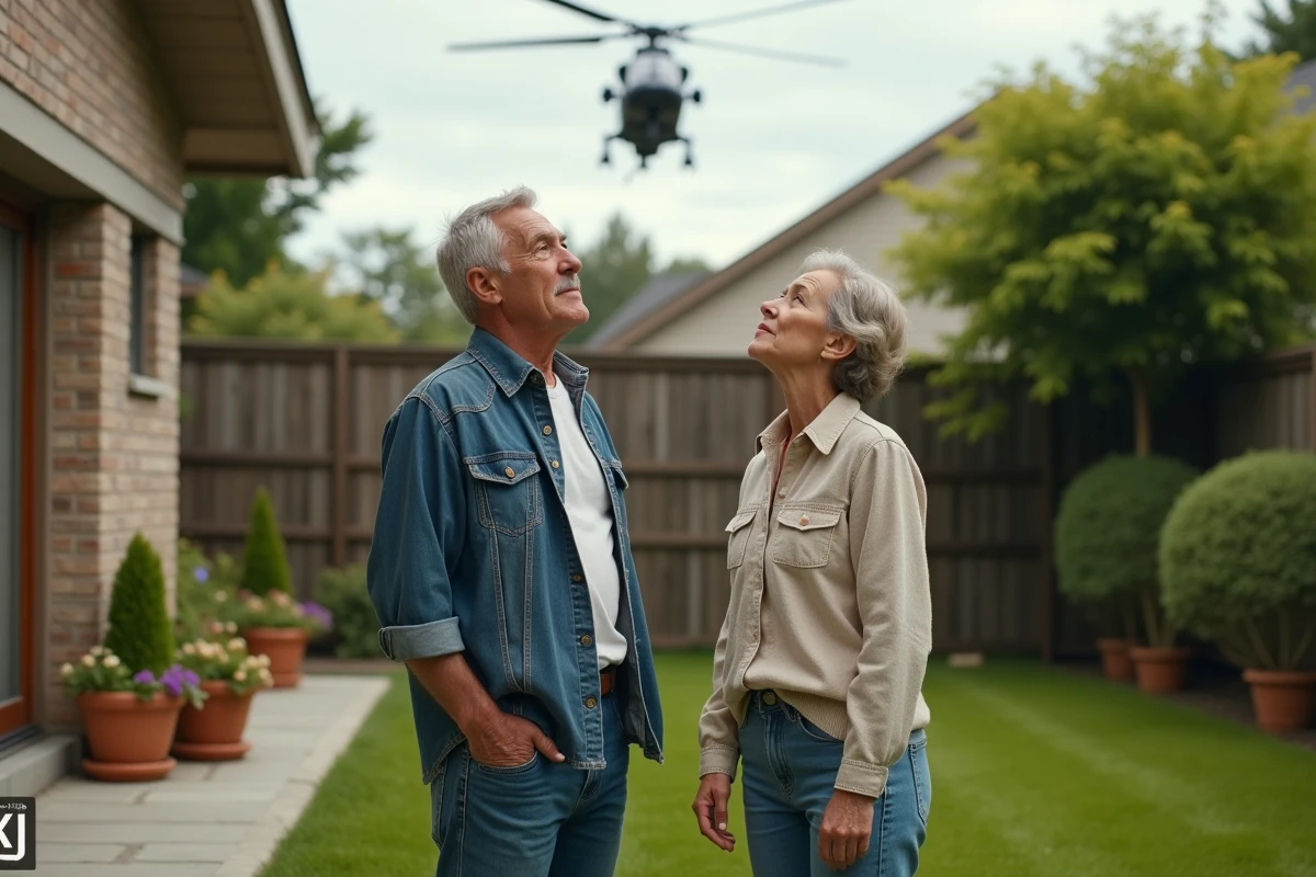 Couple de voisins observant avec inquiétude le passage d'un hélicoptère militaire au-dessus de leur jardin