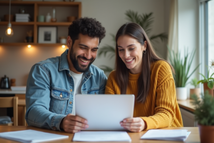 Jeune couple souriant en famille avec documents et ordinateur