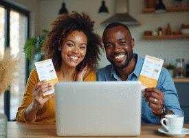 Couple souriant avec vouchers de vacances à la maison