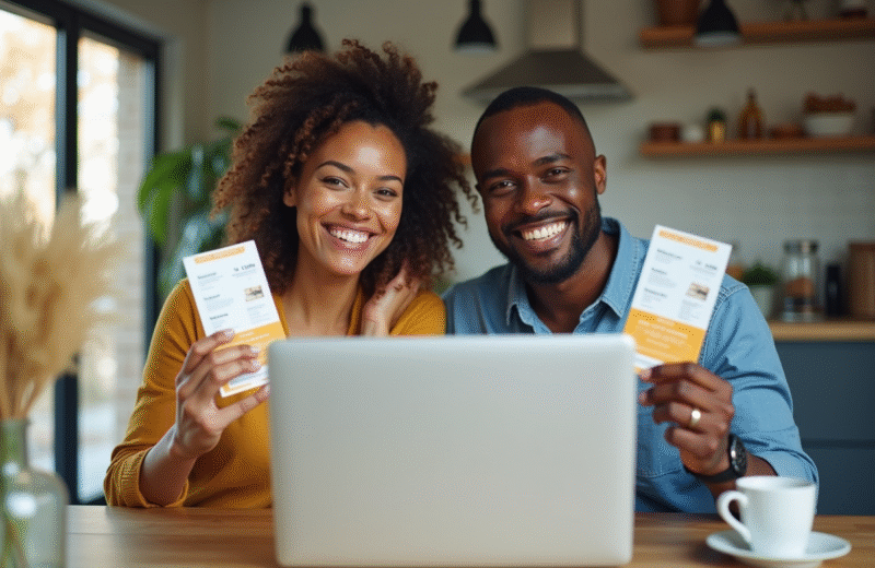Couple souriant avec vouchers de vacances à la maison