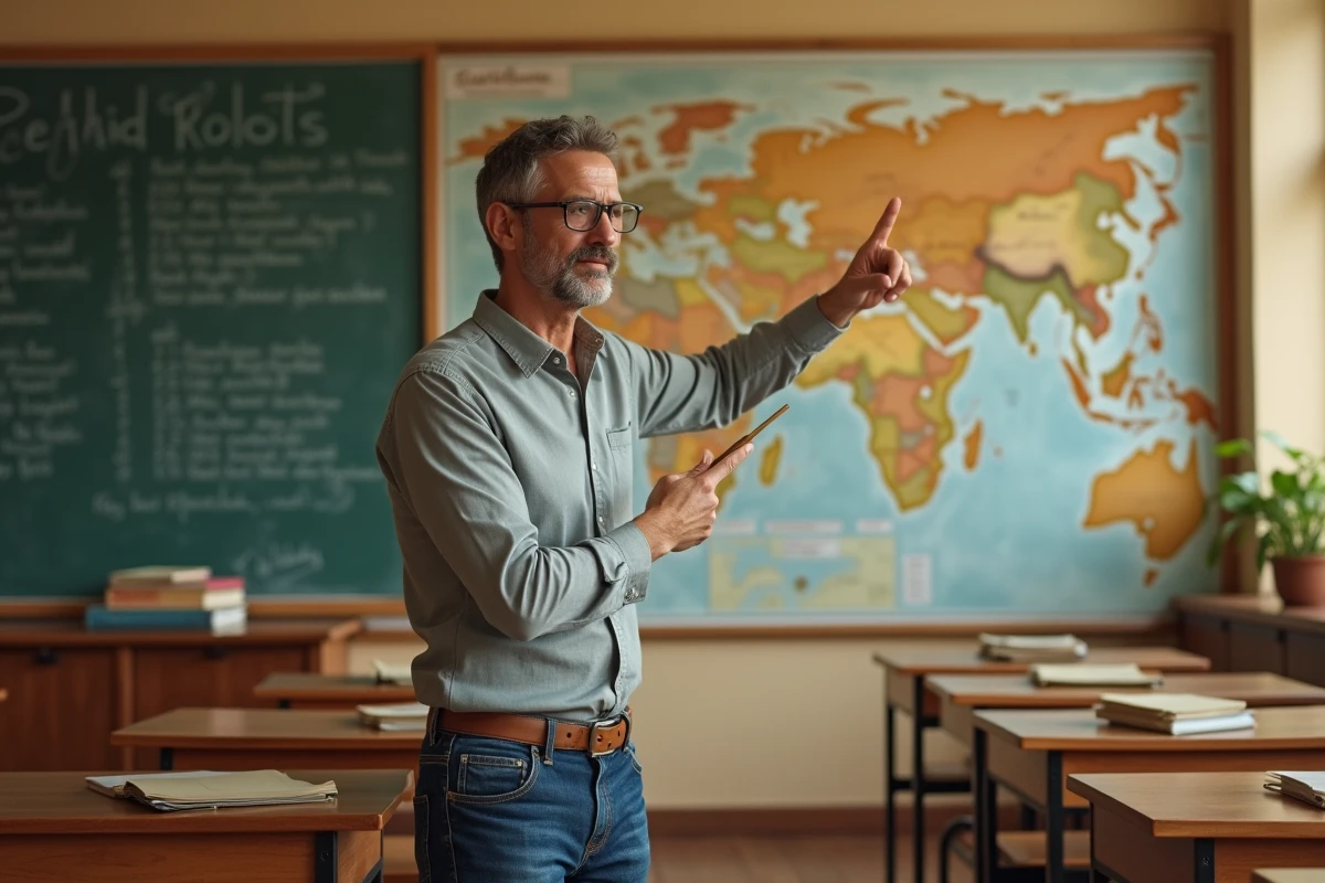 Professeur de géographie expliquant les types de déserts sur une carte murale dans une salle de classe universitaire