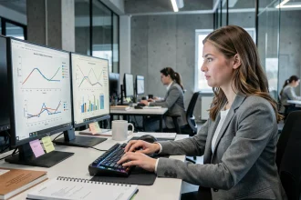Data scientist analysant des courbes ROC et des scores AUC sur des écrans d'ordinateur dans un bureau tech moderne