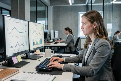 Data scientist analysant des courbes ROC et des scores AUC sur des écrans d'ordinateur dans un bureau tech moderne