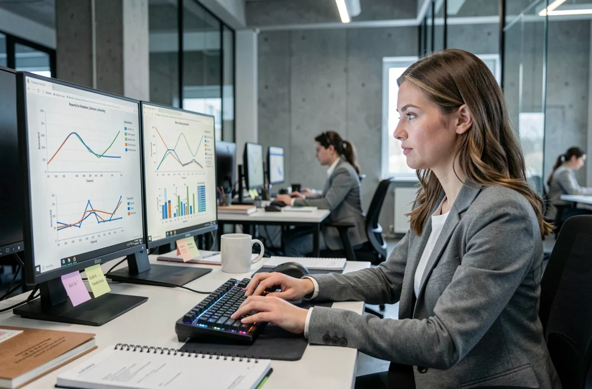 Data scientist analysant des courbes ROC et des scores AUC sur des écrans d'ordinateur dans un bureau tech moderne