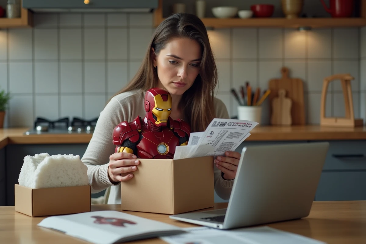 Femme déçue déballant une statue Iron Man reçue par colis, comparant le produit réel à la description en ligne
