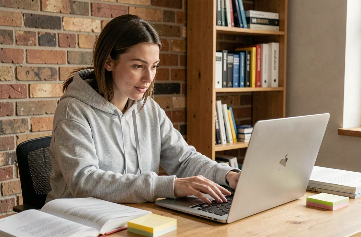 Jeune femme découvrant les redirections web sur son ordinateur portable dans un bureau à domicile
