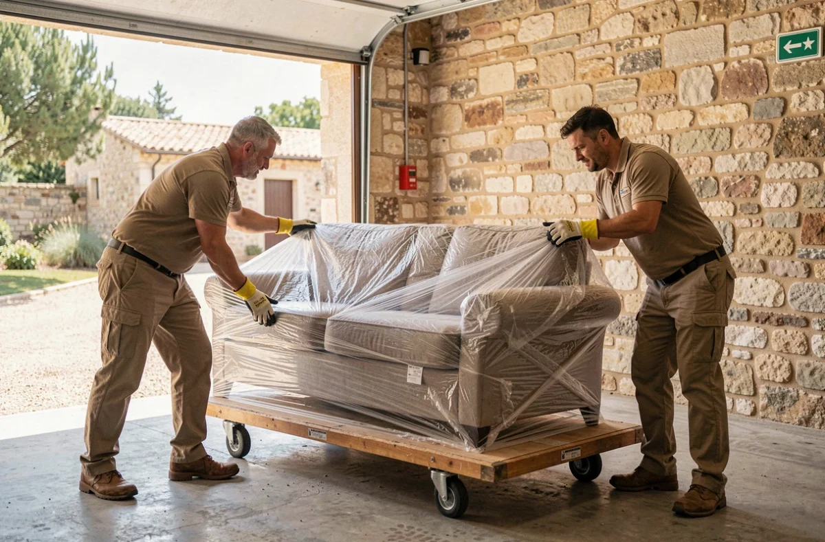 Deux déménageurs du Gard sécurisant un canapé emballé sur un diable dans un garage ensoleillé près de Nîmes