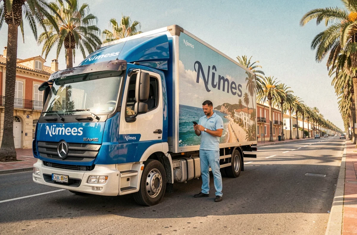 Camion de déménagement des Déménageurs Méditerranéens garé sur un boulevard de Nîmes avec un chauffeur consultant son téléphone