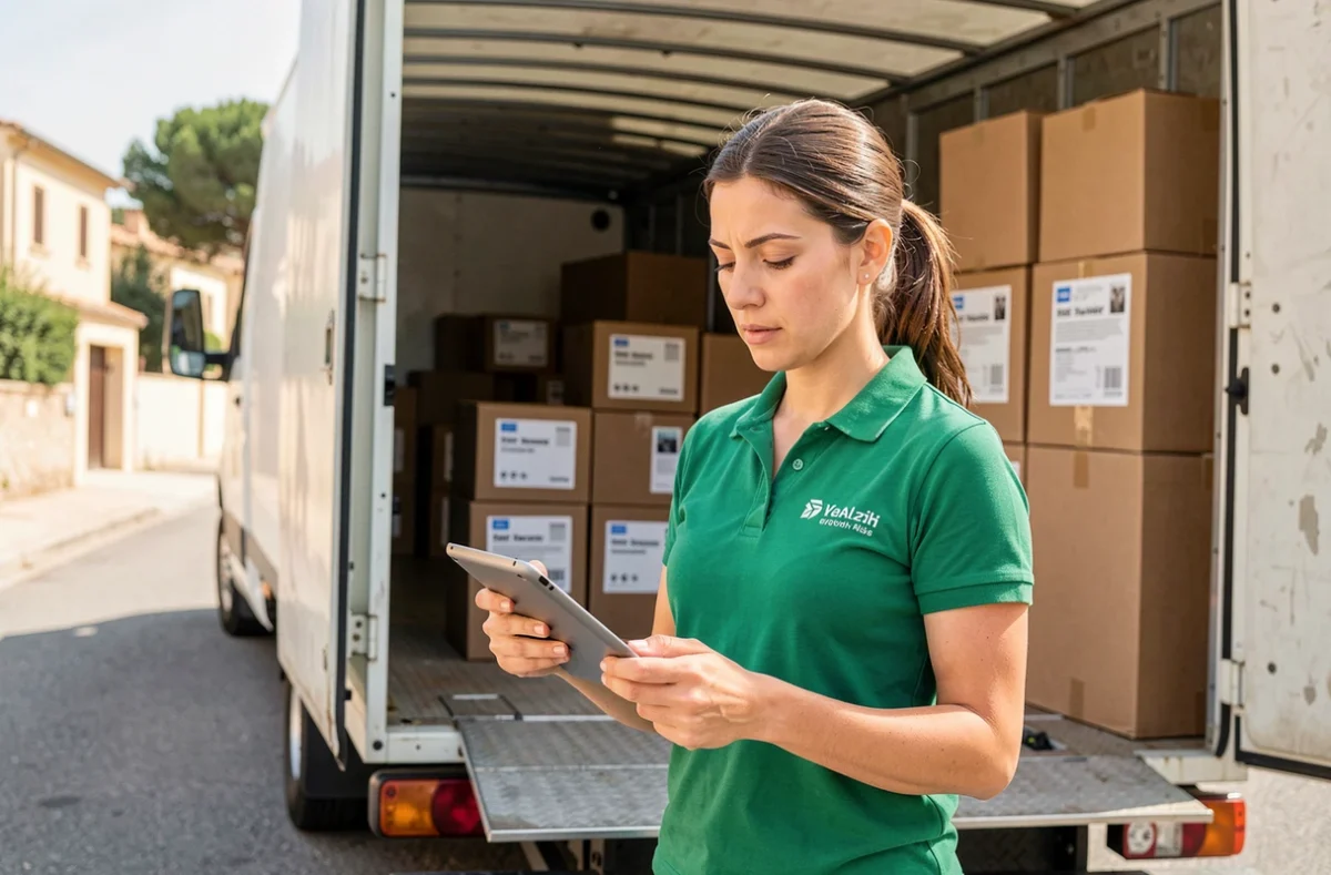 Coordinatrice de déménagement Demeo vérifiant l'inventaire sur tablette à côté d'un camion chargé dans un quartier résidentiel de Nîmes