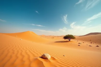 Paysage de désert chaud avec dunes de sable dorées et ciel bleu profond, vue panoramique de l'environnement aride saharien