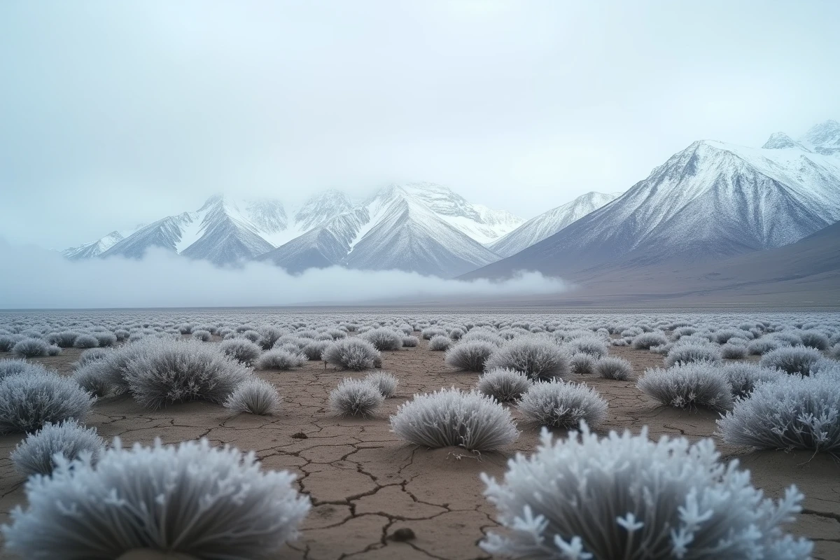 Désert froid de Patagonie avec steppe aride, végétation sèche givrée et sommets andins enneigés en arrière-plan