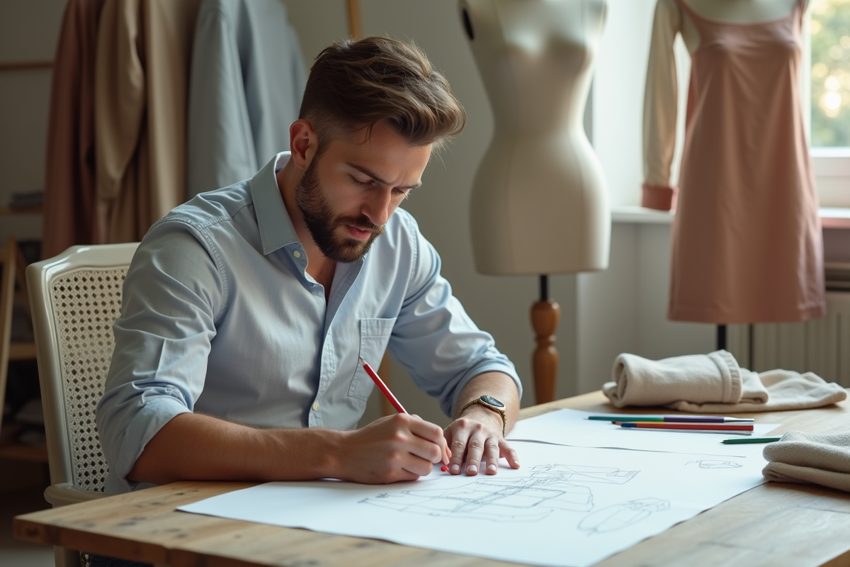 Jeune designer homme esquissant des concepts de mode dans son atelier